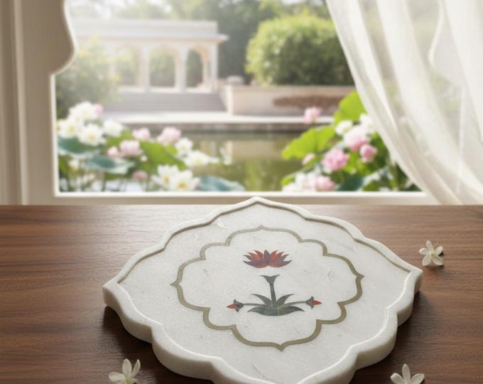 Handcrafted Marble Inlay Decorative Plate | Floral Pietra Dura Art Tray