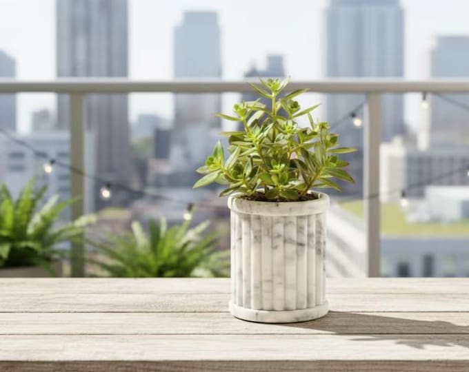 White Marble Ribbed Planter Pot – Small Modern Flower Pot