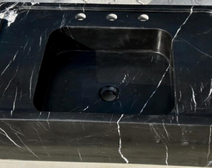 Handcrafted Nero Marquina Black Marble Sink — Rectangular Countertop Basin