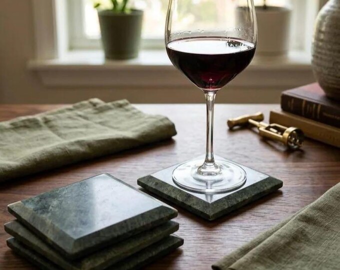 Square Green Marble Coasters Set - Modern Tabletop Protection Housewarming Gift
