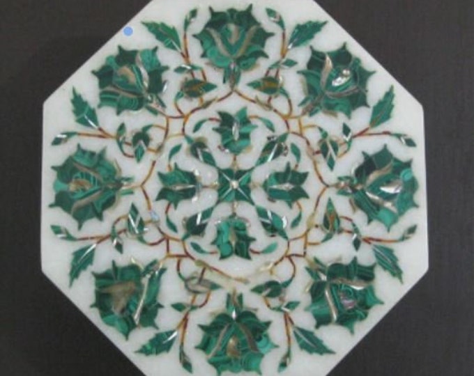 6 x 6 Inches Malachite Stone Inlay Work Jewelry Box with Royal Look Octagon Shape White Marble Accessories Box