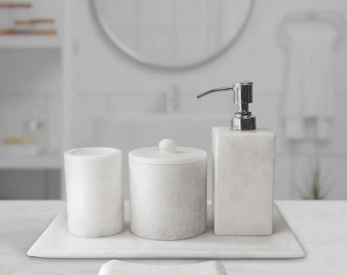 White Marble Bathroom Set with Tray, Soap Dispenser, Cotton Jar & Toothbrush Holder