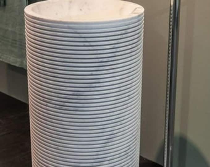Modern White Marble Pedestal Sink: Ribbed Cylindrical Bathroom Basin