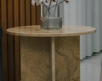 Travertine Side Table, Round Natural Stone End Table