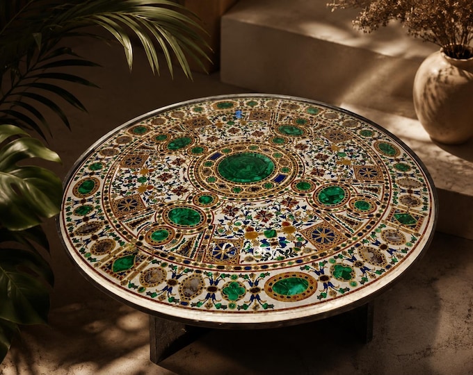 Handcrafted Pietra Dura Marble Table Top | Round Inlay Coffee TableTop