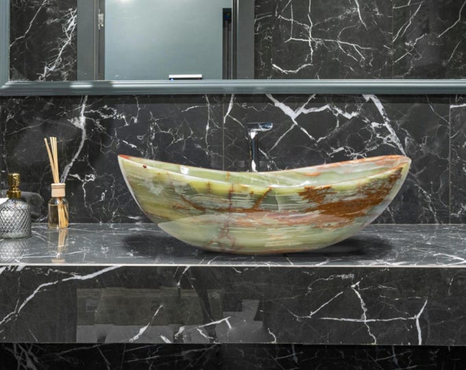Handmade Green Onyx Bathroom Sink: Natural Stone Vessel Basin (19x12.75x6 in.)