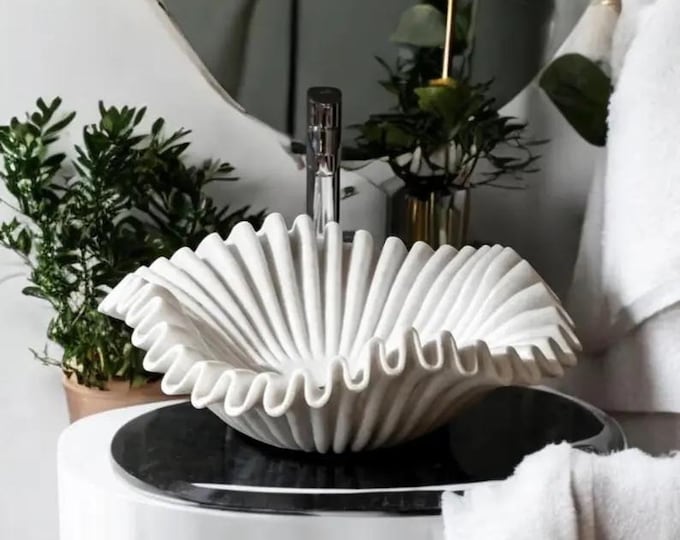 Elegant Hand-Carved White Marble Ripple Sink | Modern Fluted Vessel Sink