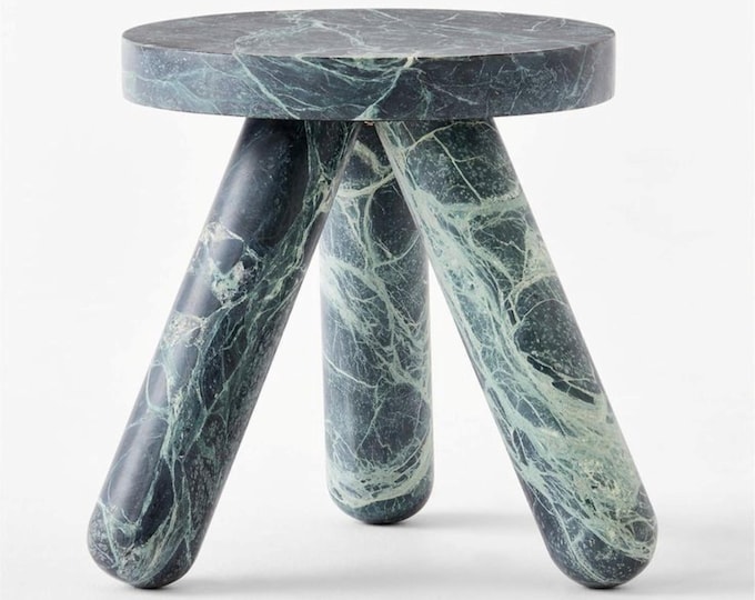 Green Marble Side Table | Sculptural Stone Stool | Modern Tripod Accent Table