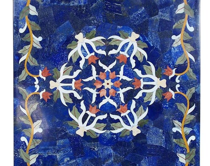 Lapis Lazuli Marble Inlay Table Top – Handmade Pietra Dura Blue Floral Design