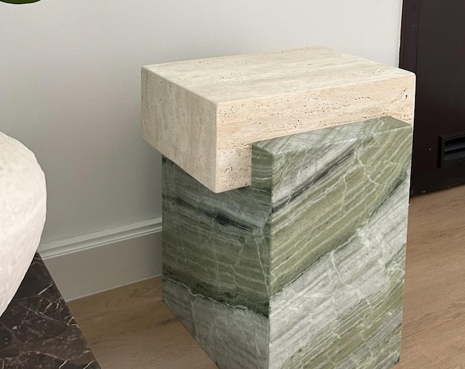 Green Marble and Travertine Side Table – Handmade Natural Stone Accent Table, Modern Minimalist Design
