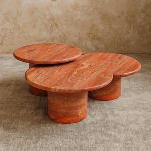 Modern Red Travertine Coffee Table Set – Handcrafted Round Stone Nesting Tables