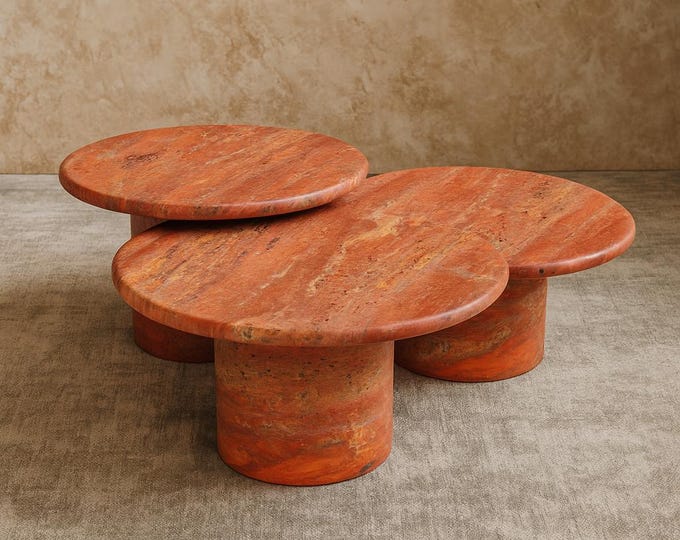 Modern Red Travertine Coffee Table Set – Handcrafted Round Stone Nesting Tables
