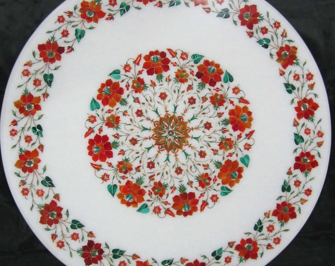 Intricate Floral Marble Table Top with Red, Green, and Orange Inlay Design