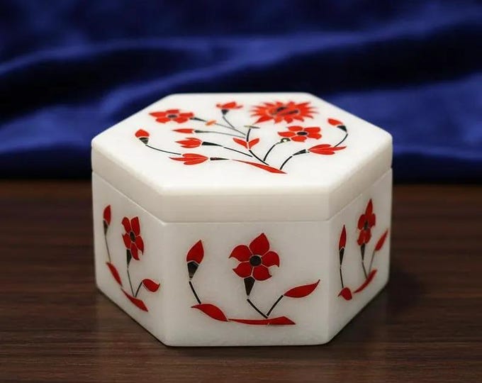 Handcrafted Marble Jewelry Box with Red Floral Inlay – Hexagon Trinket Box