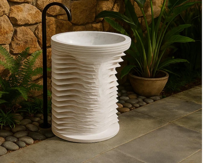 Handcarved Marble Pedestal Sink – Textured Stone Luxury Art Sink