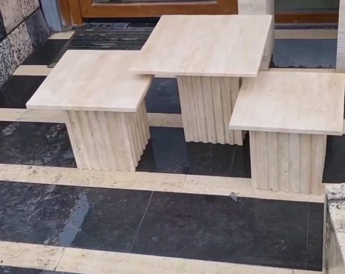 Mid-Century Italian Travertine Nesting Tables – Set of 3 – Handmade Natural Stone Coffee & Side Tables