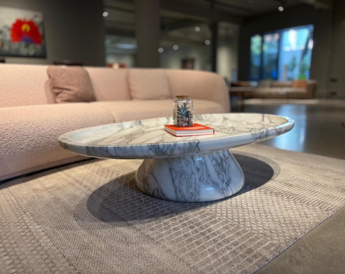 Handcrafted Arabescato Marble Coffee Table: Oval, Mid-Century Modern