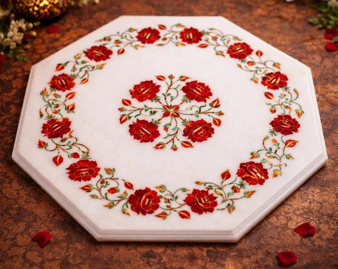 Handmade 15" Marble Table Top, Carnelian Floral Inlay