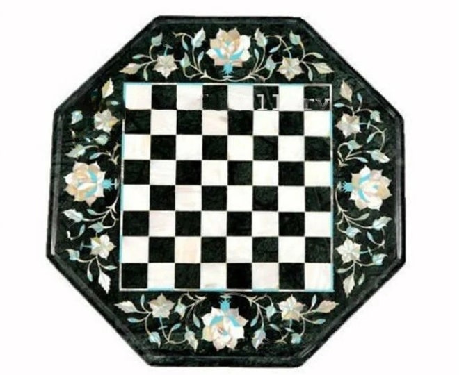 Green Marble Chess Table Top with Mother of Peral Stone Inlay Work Coffee Table for Home Decor