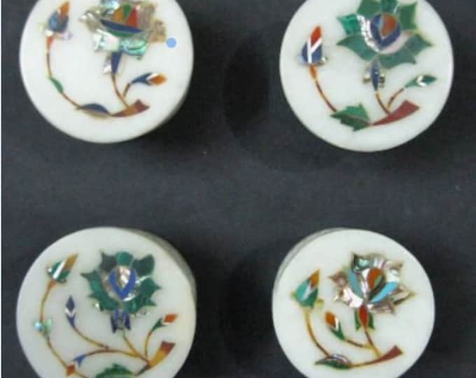 Set of 4 Pieces Jewelry Box Inlaid with Semi Precious Stone Round Shape White Marble Paper Pin Box for Study Table Decor 2.5 Inches