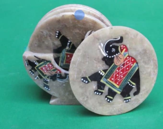 Marble Coaster Set Drinkware Handmade Elephant Design Semi Precious Stone Pietra Dura Work Inlay Art Home Decorative Gifts