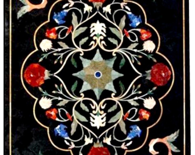 Black Marble Inlay Table Top – Handmade Pietra Dura Floral Art with Red Poppy Design