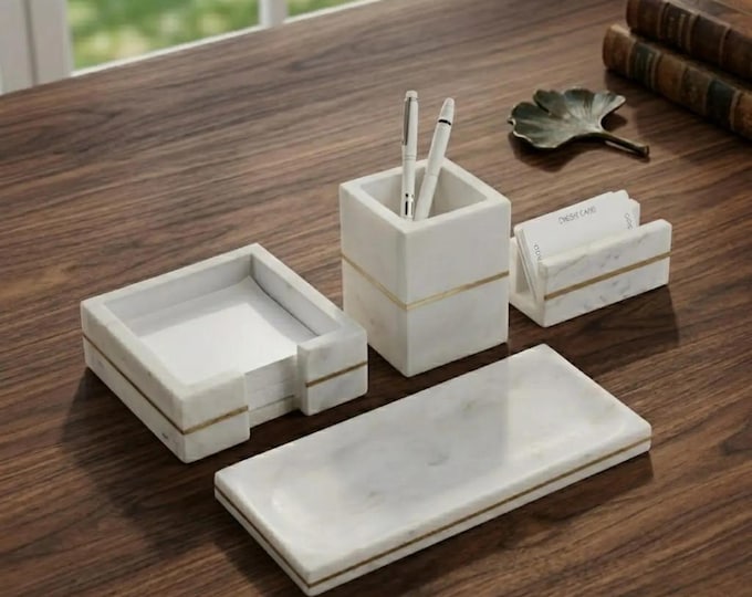 White Marble Desk Organizer Set with Brass Inlay
