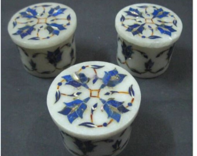 2.5 Inches Lapis Lazuli Stone Inlay Work Trinket Box with Royal Look Round Shape White Marble Cosmetic Box Set of 3 Pieces