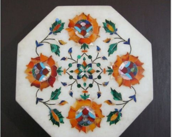 6 x 6 Inches White Marble Octagon Shape Trinket Box Semi Precious Stone Inlay Work Multiuse Box for Sisters Weeding