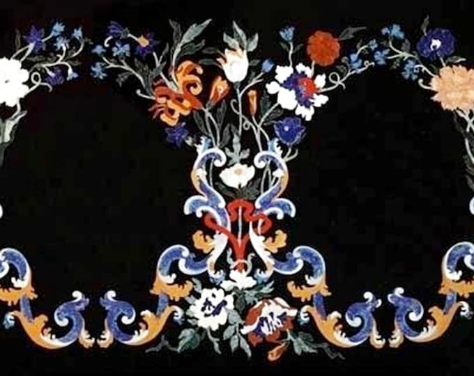 Floral Inlay Black Marble Table Top: Pietra Dura Art (36 x 60 In)