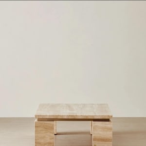 Modern Travertine Stone Coffee Table with Bold Block Legs – Minimalist Luxury Decor