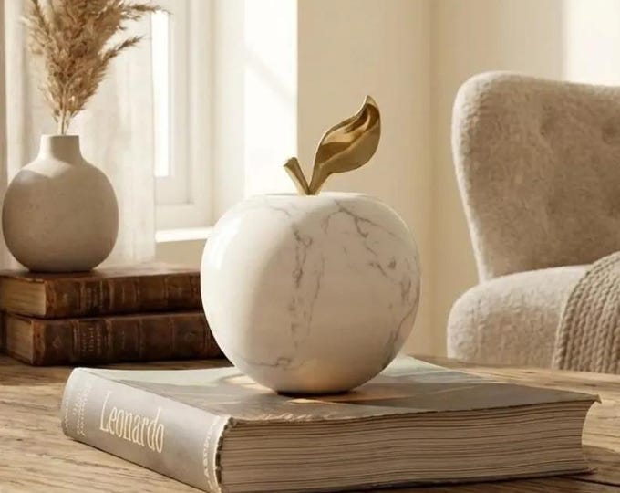 White Marble Apple Sculpture with Gold Leaf, Luxury Home Decor