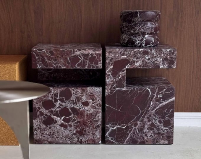Rosso Levanto Marble Side Table | Handmade Natural Stone Nightstand