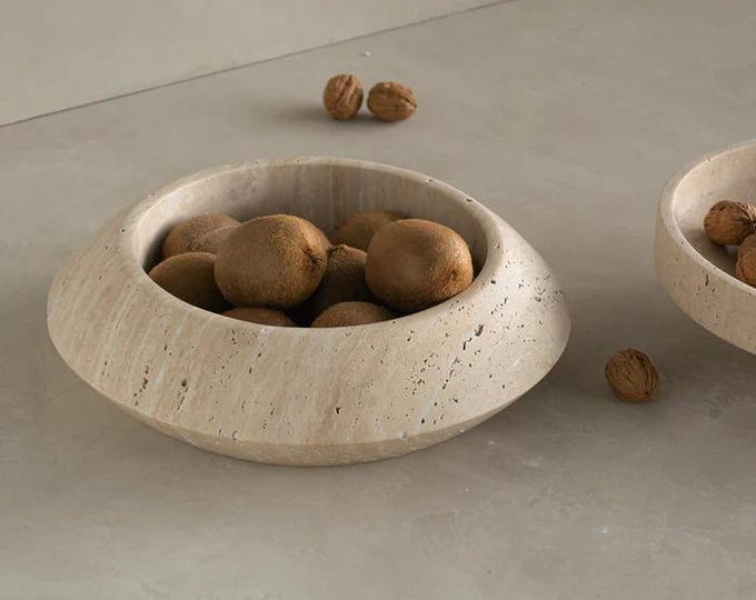 Hand Carved Travertine Stone Bowl |Minimalist Organic Centerpiece