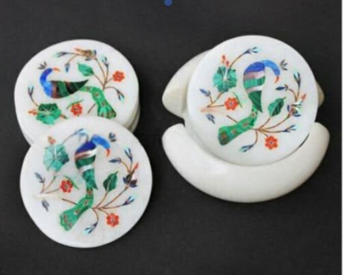 Marble Coaster Set Handmade Peacock Design Semi Precious Stone Inlay Art