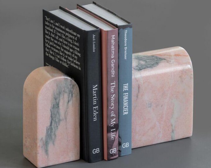 Pink Marble Bookends – Solid Stone Book Ends for Shelf Decor