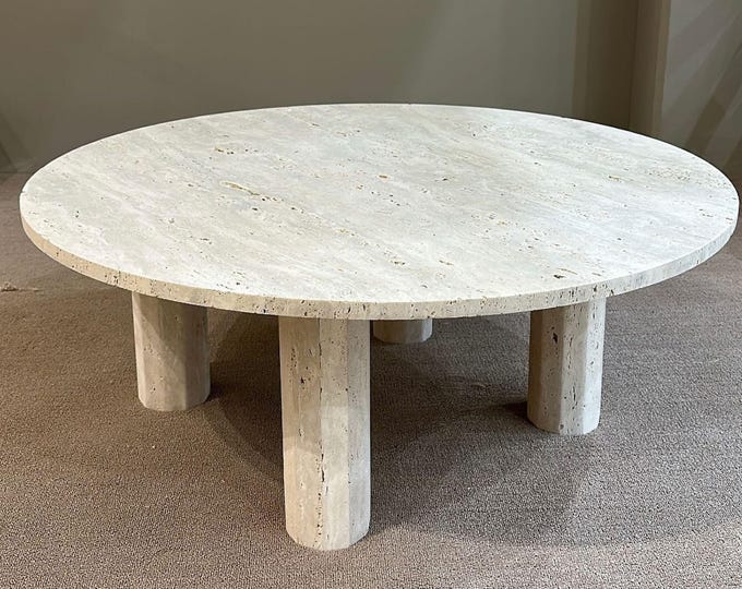 Round Travertine Coffee Table / Minimalist Luxury Designer Furniture