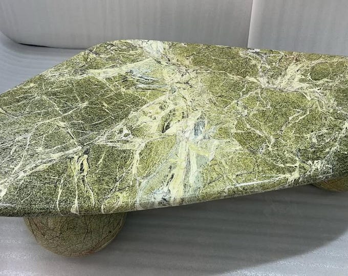 Handmade Forest Green Marble Coffee Table Sculpted Base, Artisan Botanica