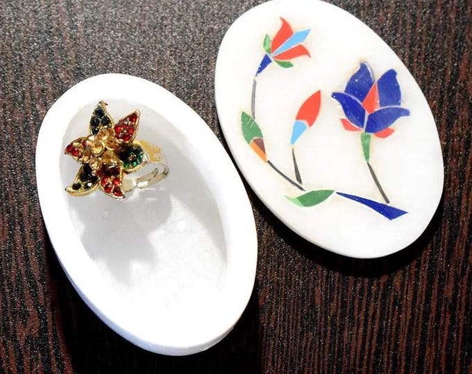 Handmade Marble Inlay Jewelry Box | Semi Precious Stone Trinket Box | Luxury Ring & Keepsake Gift