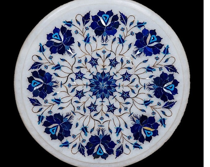 Marble Corner Table Top Inlay Art Semi Precious Stones Lapis Handmade Pietra Dura Work Home Decor