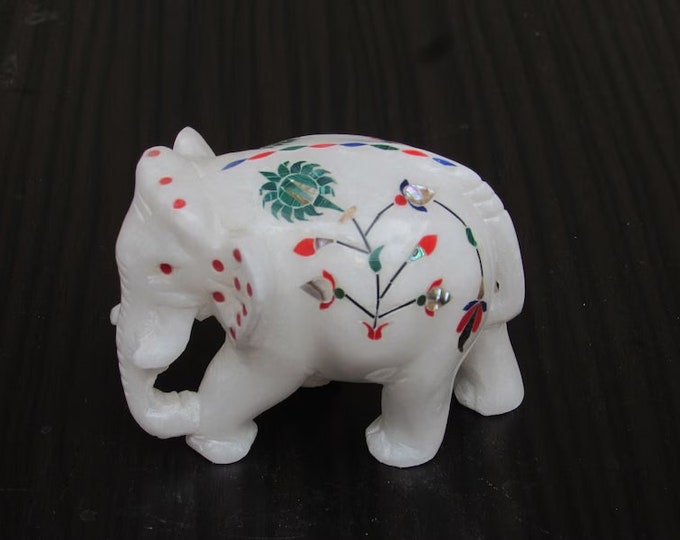 Marble Handmade Elephant Inlay Work Malachite Semi Precious Stone Home Decor Gift