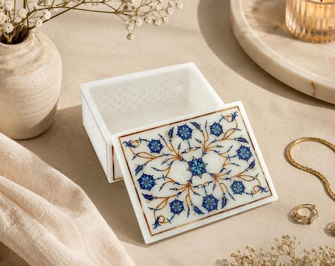 Handmade Marble Jewelry Box with Floral Inlay – Luxury Stone Trinket Box