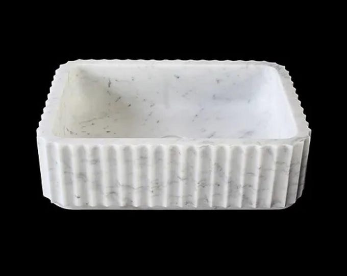 White Marble Fluted Countertop Wash Basin Sink, Rectangle Desginer BathroomSink