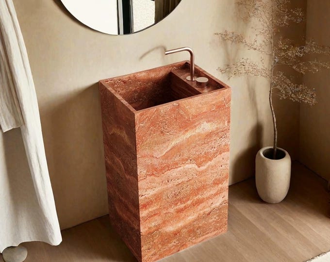 Handmade Red Travertine Pedestal Sink - Handcrafted Stone Bathroom Basin