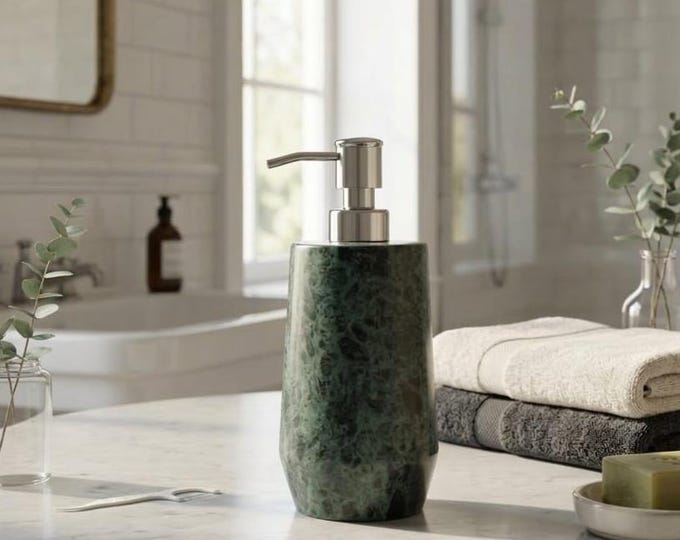 Green Marble Soap Dispenser with Silver Pump – Natural Stone Liquid Soap & Lotion Bottle