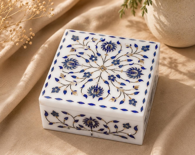 Handmade Marble Inlay Jewelry Box, Decorative Artisan Gift Box