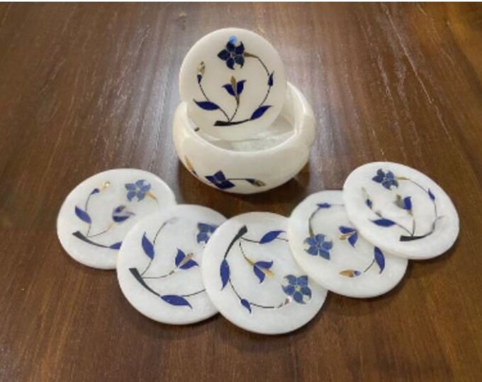 Marble Coaster Set Multi Color Floral Semi Precious Stone Pietra Dura Home Decor