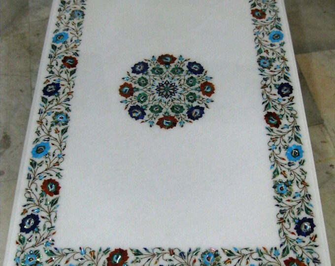Handmade Marble Inlay Table Top – White Stone Floral Border with Mandala Center