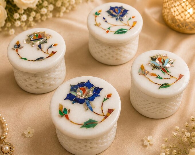 Round Shape White Marble Trinket Box | Set of 4 Pieces