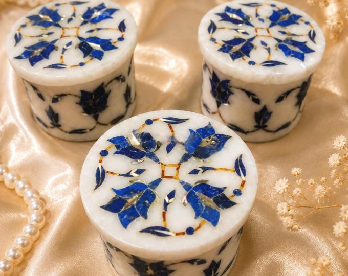 Lapis Lazuli Marble Inlay Trinket Box Set – Handcrafted Indian Storage Containers